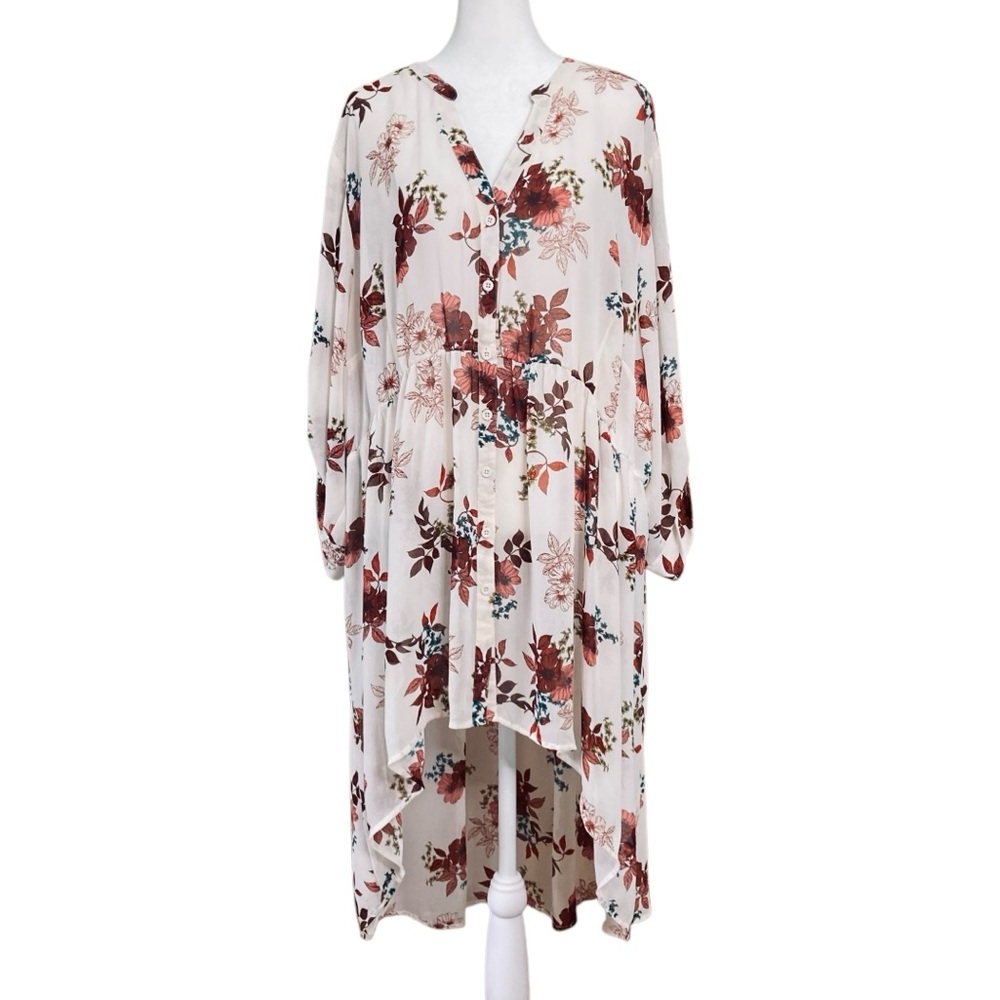 Torrid Ivory Chiffon‎ Hi-Lo Floral Babydoll Tunic Top Semi Sheer (Size 4)